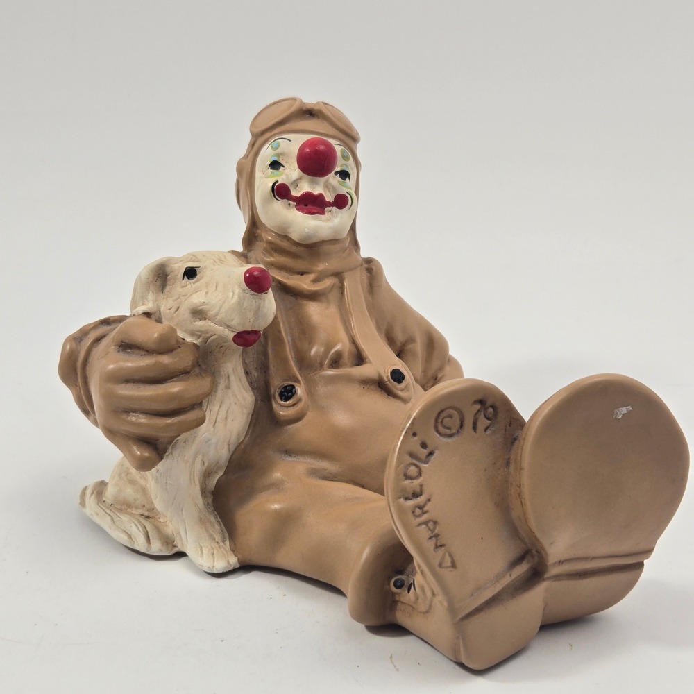 Vintage 1979 Andreoli Clown Figurine Pilot with Dog Aviator Goggles Tan 5"